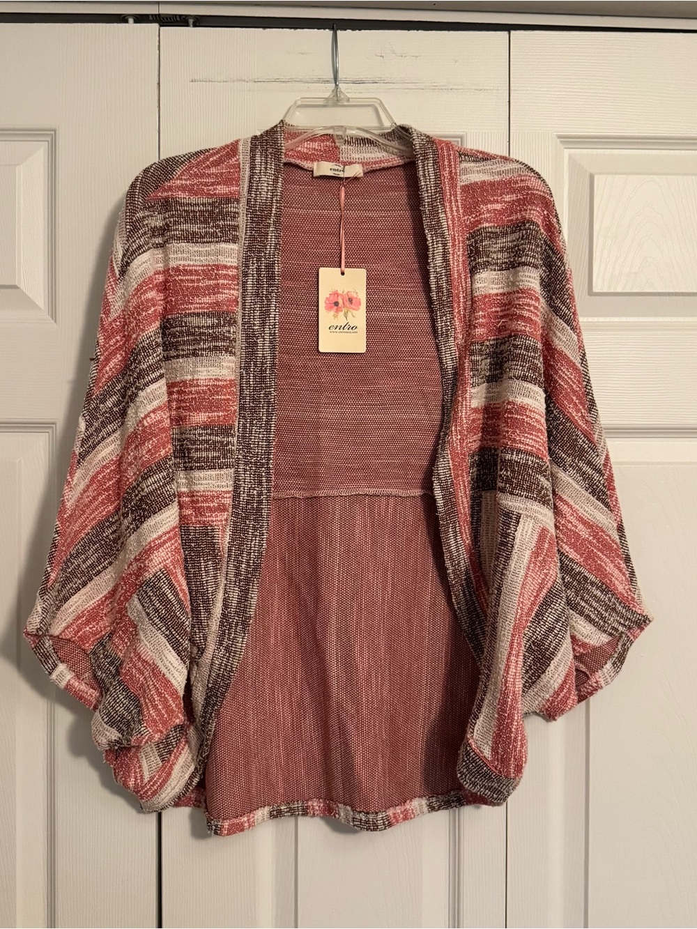entro Coral, Brown & Cream Striped Open-Front Sweater Shrug
